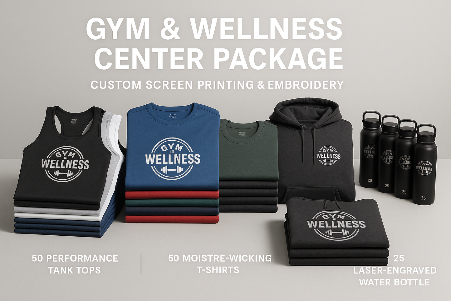 For gyms, studios, and wellness centers

50 Performance Tank Tops
50 Moisture-wicking Tees
25 Hoodies
25 Water Bottles (laser engraved)