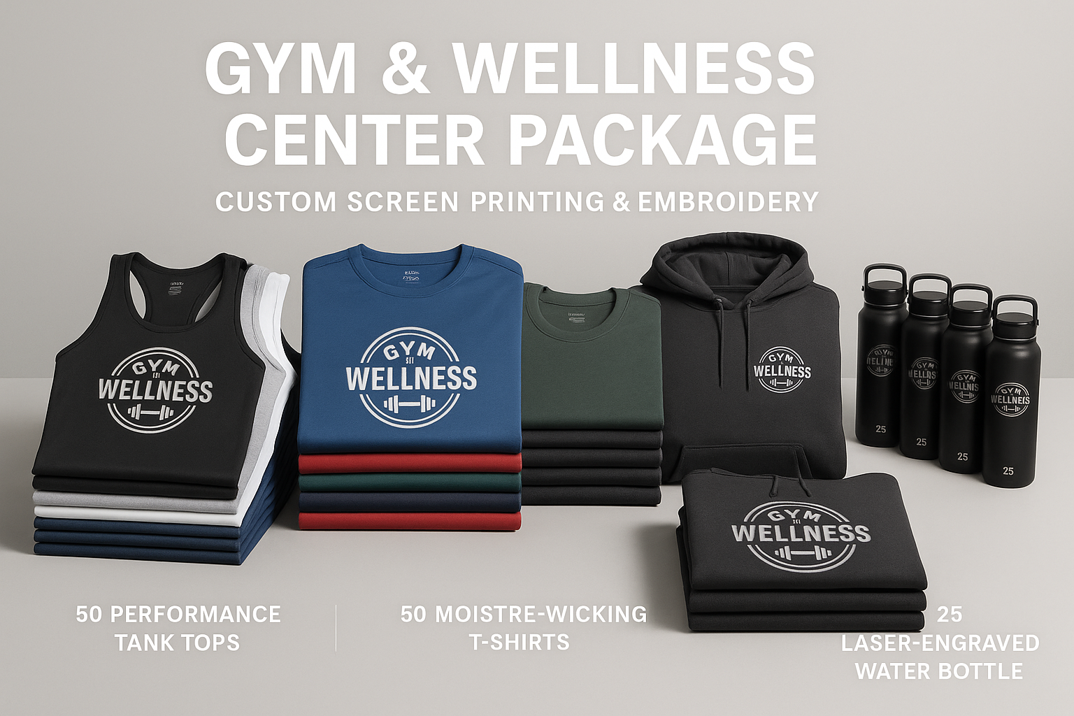 For gyms, studios, and wellness centers

50 Performance Tank Tops
50 Moisture-wicking Tees
25 Hoodies
25 Water Bottles (laser engraved)