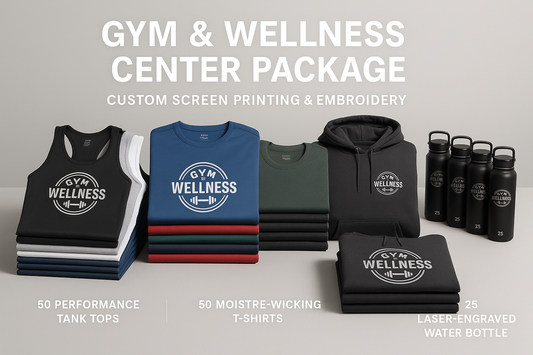 For gyms, studios, and wellness centers

50 Performance Tank Tops
50 Moisture-wicking Tees
25 Hoodies
25 Water Bottles (laser engraved)