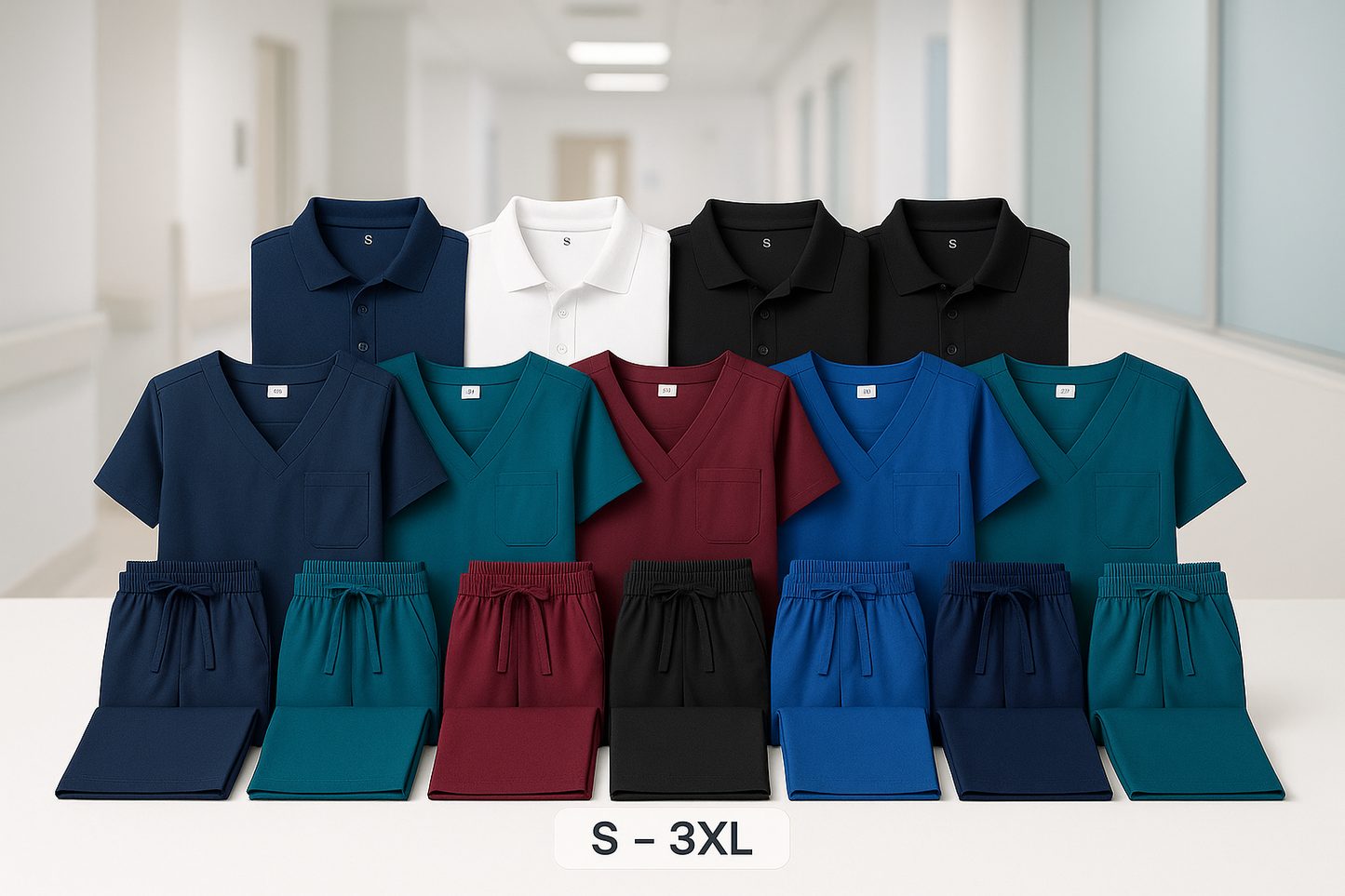 Healthcare Professional Bundle
Perfect for medical offices, clinics, and healthcare facilities

12 Premium Scrub Sets (Unisex sizing S-3XL)
3 Professional Polos