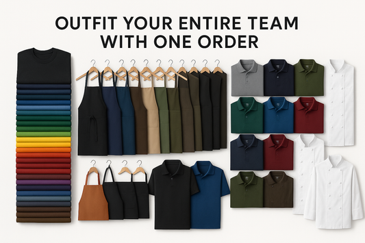 Outfit your entire team with one order

50 Classic Cotton Tees
25 Aprons (choice of bib or waist)
12 Embroidered Polos
10 Chef Coats (optional add-on)