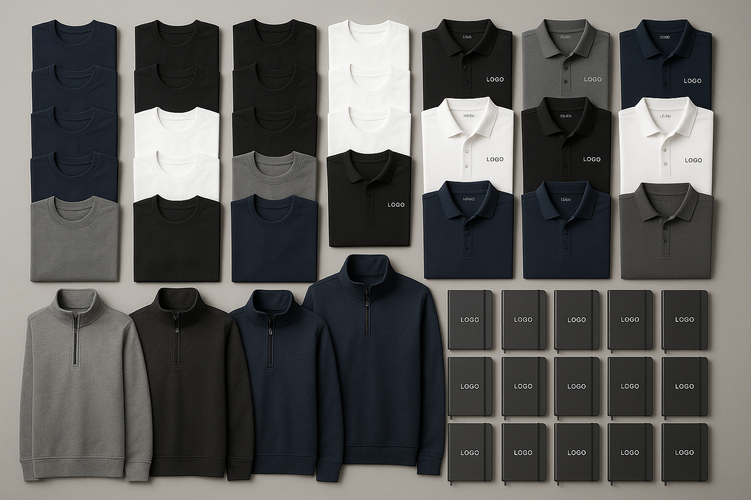 Professional basics for offices and events

25 Premium Cotton Tees
25 Embroidered Polos
10 Quarter-Zip Pullovers
50 Custom Notebooks