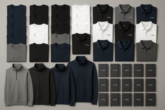Professional basics for offices and events

25 Premium Cotton Tees
25 Embroidered Polos
10 Quarter-Zip Pullovers
50 Custom Notebooks